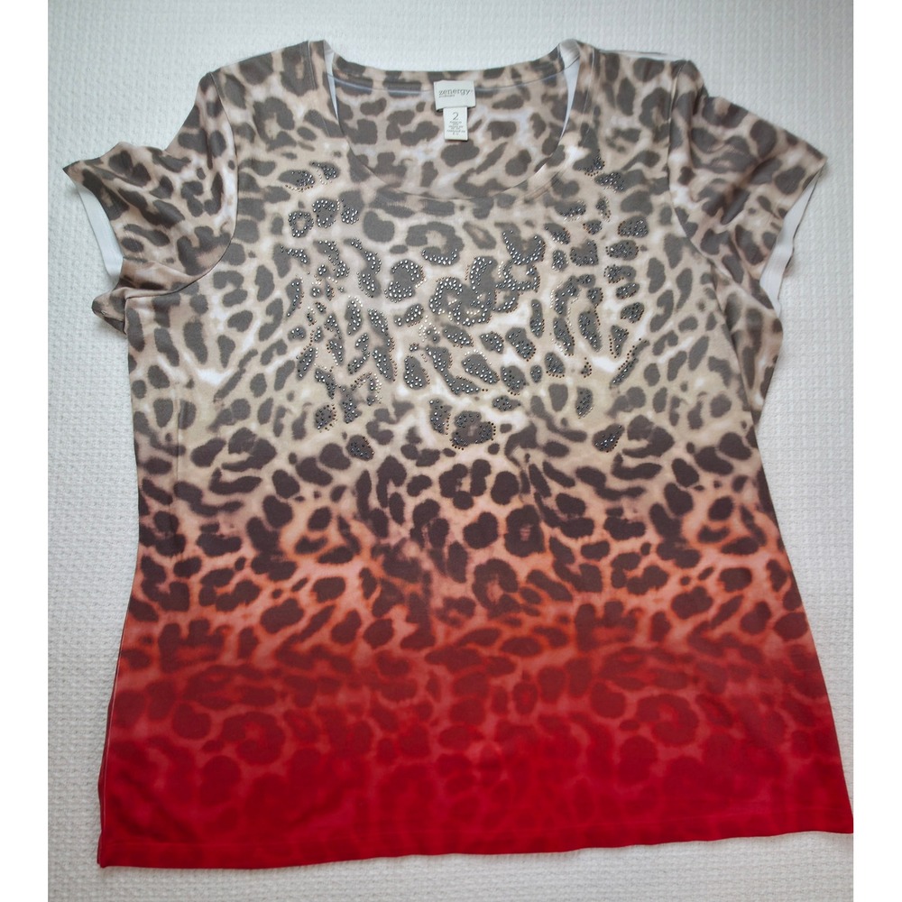 Zenergy Chico's Top Women 2 Red Leopard‎ Ombre Rhinestone Tee